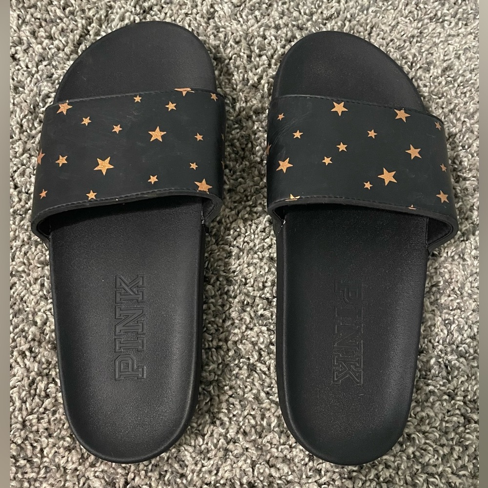 Rare Victoria’s Secret Pink Gold Star Slides Shoes Medium 8-9